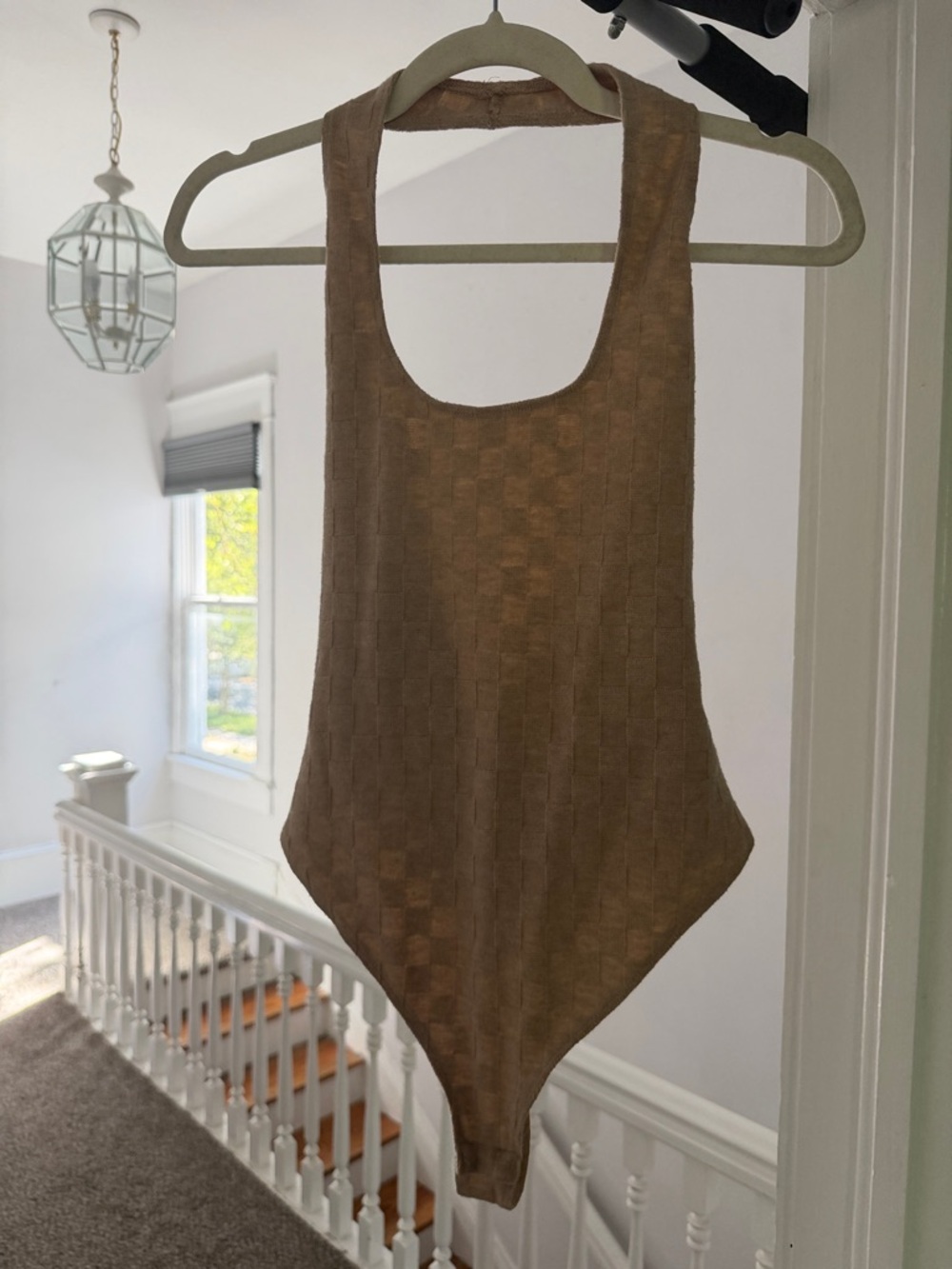 Le Lis Checkerboard Knit Sleeveless Bodysuit in Taupe